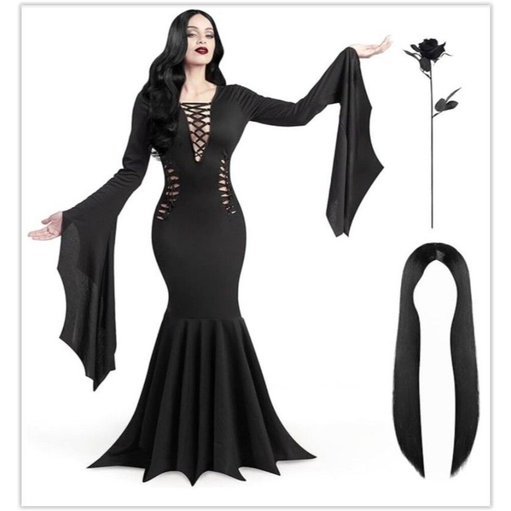 Women's Gothic Witch Vampire Queen Dress-Rose-Wig Black Plus Sized 3XL NEW
